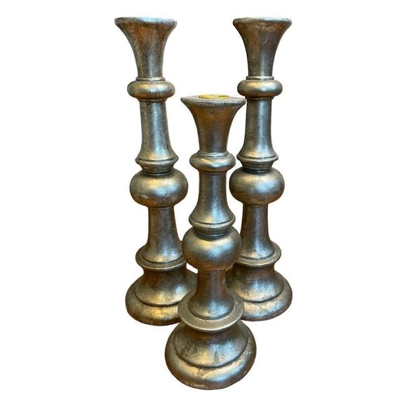 Painted Wood Pillar Candle Stick Holders Gold Tone Bohemian Lot of 3 Set - Picture 1 of 6